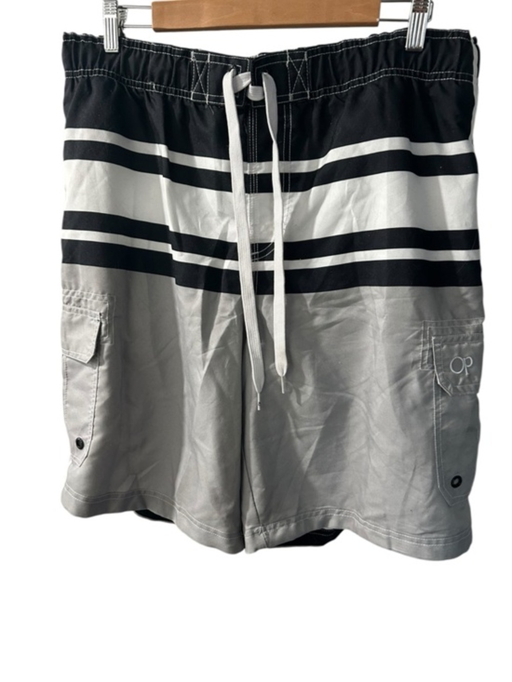 OP Men’s Black, White & Gray Striped Swim Trunks